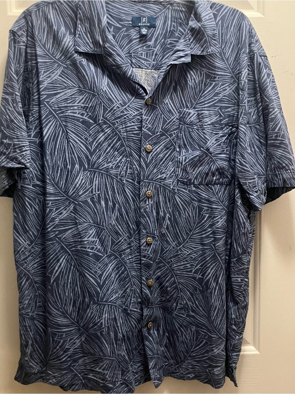 George Men's XL (46-48) Camp Shirt Blue Washed Indigo Palms Hawaiian Tropical